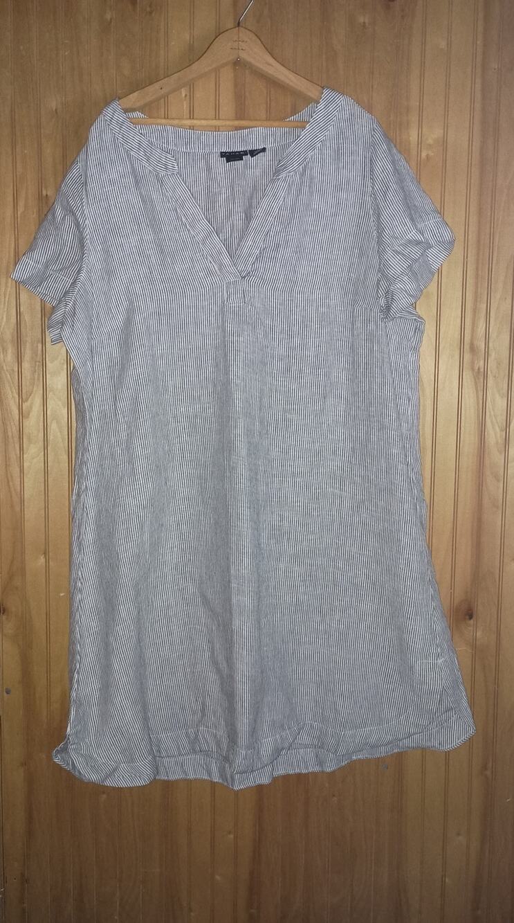 TAHARI Size 1X 100% Linen Knee Length Striped Caftan Tent Shift Dress Boho Beach